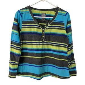 Dream Cafe Medium Green/Blue Striped Fleece Henley Pajama Top Y2K Loungewear